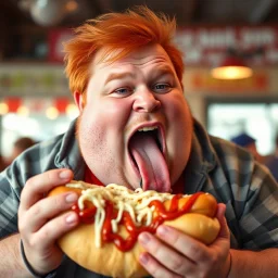 fat man with red hair eating a big hot dog, realistic photo, big mouth open, "Karlsson på taket" vibes