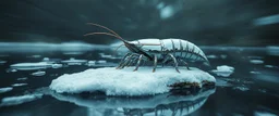 airbrush 3d rendering, close up perspective chrome centipede lobster space ship on small frozen island in lake, pinhole cam, background motion blur