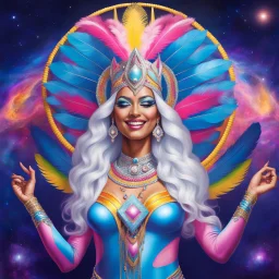 full body photorealistic portrait of a beautiful smiling amazonian carnival spiritual goddess with long parma white hair, colorful feathers tight hips with a tron like body suit tribute to the galaxy in a cosmic surounding only blue , pink and yellow, crystal jewels