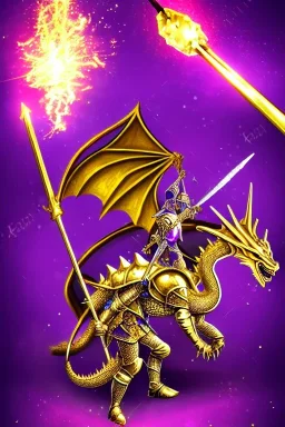 medieval Knight in golden jeweled armor vs dragon, violet color, high detail, sorcery, sparks, mechanical, plasma, treasure, weapons, slithery, legendary