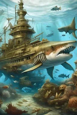 very detailed underwater scene steampunk shark swimming on coral reef and galleon destroyed background, bubbles and fishes