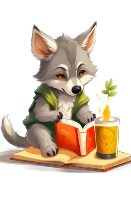wolf cub reading book next to a glass of juice