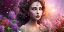 bright fairy, beautiful portrait, flowery landscape