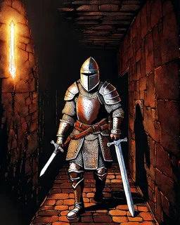 A frightening castle dungeon hallway with an knight warrior in rusty chainmail holding a zweihander painterly rpg art