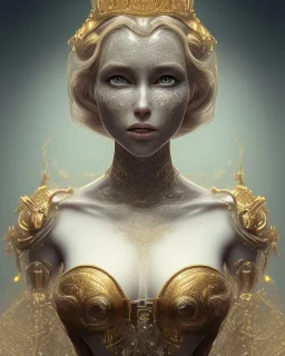 upper bust portrait, the queen of uncanny valley, large doll-like eyes, corset, intricate metal work crown, multiple sets of eyes on face, 8k resolution concept art, dynamic lighting, intricately detailed, hyperdetailed, beautiful, ethereal, golden hour, (extra eyes), gothic, creepy, unsettling, disfigured