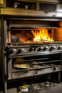 fire in an old kitchen oven