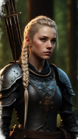 photorealistic hyperdetailed portait of an 18-year-old female as mercenary with blonde undercut hair with braids, wearing light armour dark fantasy forest backdrop