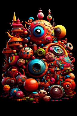 a pile of assorted objects sitting on top of each other, digital art, inspired by Tim Biskup, zbrush central contest winner, assemblage, eyeballs intricated, realistic colorful photography, complex machinery, trending on deviantarthq”, full of colour 8-w 1024, andrei riabovitchev symmetrical, colorful”, loud, mesmerizing