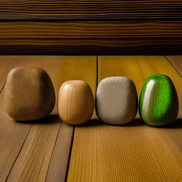 five stones of different shapes are on a wooden table