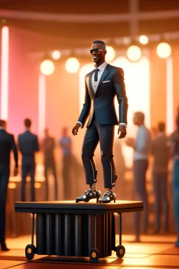 60s cute punk wesley snipes chat robot with suit and tie and rollerskates,on podium at festival, its such a perfect day, motion blur, smoke, 8k, downlight, soft light, depth of field, photorealism, trending on art station, some detail