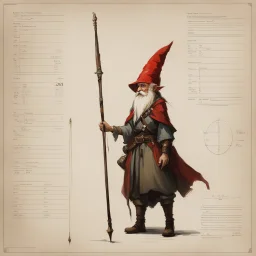 ConceptSheet [by Guy Borremans]: woman gnome wizard and her long rod with AD&D statistics