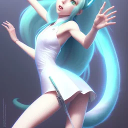 Anime art of beautiful Hatsune miku with beautifel legs by artgerm, ross tran, magali villeneuve, Greg Rutkowski, Gil Elvgren, Alberto Vargas, Earl Moran,, Art Frahm, Enoch Bolles