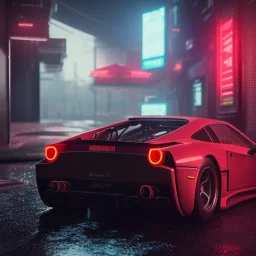 realistic ferarri f40; in an alternate universe in tokyo; cyberpunk; rain; neon signs