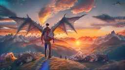 Human with dragon wings flying in the sky with people beneath walking and looking at him up, sunset background with hills, mountains and huts intricate details, shot on 64 megapixels Canon, DSLR camera