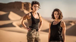 beautiful caucasian female technician, black tank top, well toned muscles, scratched sand camo metal details, short brunette wavy bob haircut, dystopian, desert scene