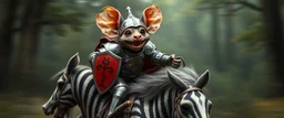 Close up on two headed mouse troll. Horse jumping over a mote. Background blur. Fast Chase. The Large Gremlin with knights metal full armor, chest plate, leather in the back, helmet, and small sword and a red shield, smiling wide with white teeth, and sitting atop a weird striped pig horse, in the Style of Rembrandt and Fallout 4(Fantastical Mouse/Rat Gremlin Count) This creature blends realism with fantasy, appearing as a mythical forest dweller