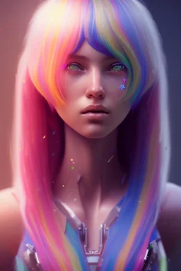 girl, cute, beautiful, long hair, rainbow hair, rainbow dress,robotic, close up portrait by Greg Rutkowski