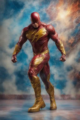 the Flash, Gold boots, extremely huge, overexaggerated muscles, posing and flexing in a front of the camera, random extreme action poses, an extremely colorful, multicolored foggy blue marble wall in the background with a colorful marble tile floor, multicolored lightning, realism engine,