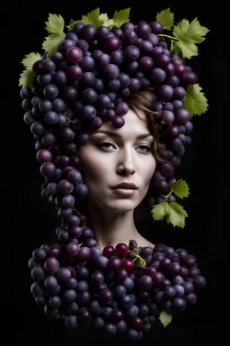 woman made of grapes and wine, botanic, style, black background