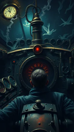 Man spends a sleepless night inside a dark submarine , paint it in the baroque style, as if the man is horrified, with complicated dashboards with many gears