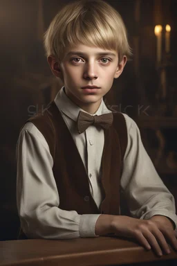 realistic stock photo, Realism engine, General Fast V2 (Flux), Create a realistic image of an 18-year-old Pinocchio with long, straight blonde hair, the bangs cut straight across the forehead, hazel eyes, a plump chest, Professional Photograph in the style of Ansel Adams, 4k, 8k, 16k, 32k. 100k UHD