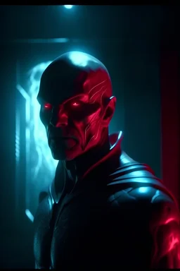 Highly detailed medium shot of a superhero in a dark room + face, ultra realistic cyberpunk, red, sci-fi, fantasy, 8K, oft light, volumetric lighting, night, fog, intricate, elegant
