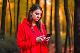 young woman in red clothing standing in a forest holding a smartphone