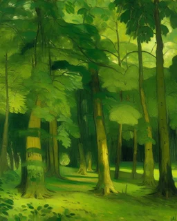 A green forest with giant trees painted by Paul Gauguin