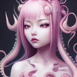  Asian woman, leaning pose, slobbe octopus , pink short hair, latex suit, full body, squid, intricate detail , portrait, high lighting, Gradient background,nice end of darkness Dark Woman Little Horns Little Horns Sad Eyes dual soul fire girl soul fire cute realistic hell Dark Realistic Cute