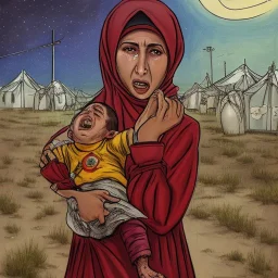 A Palestinian woman wearing the Palestinian dress carries her dead son as she screams and cries at night, with explosions in refugee tents behind her.