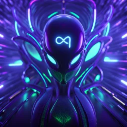 3D infinity symbol ∞ on alien's forehead, infinity figure-of-eight symbol is totally-symmetrical and glowing, exotic, neon, alien, inspiring, fantasy, scientific, friendly, beautiful, octane render, 8k post-production, artstation: award-winning: atmospheric: commanding: fantastical: clarity: 16k: ultra quality: striking: brilliance: liquid medium: stunning colors: amazing depth; lens: f/8, 28mm