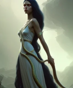 Holy Virgin, beautiful, long fabric dress, beautiful long black hair to the waist, snake around body, head and shoulders portrait, 8k resolution concept art portrait by Greg Rutkowski, Unreal Engine 5 volumetric lighting