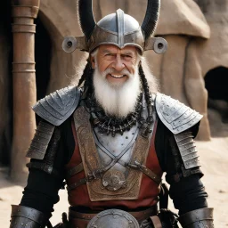 [high res photo by H.R. Giger] elder Don Quixote smiles in his long beard, ready to fight with his tourney lance, in dust, rust and blood, his body is covered with cartridge belts