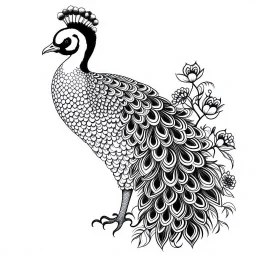 white, A peacock have a two foot white flower decoration, line art, white background, outline, with images neatly contained within the background, just black and white color, full body, no color. Looking front , front view, 8k