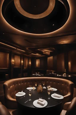 Ten elegant people watching a streap show on a stage in the luxurious VIP box of a nightclub, with a round table, leather armchairs, champagne and glasses,