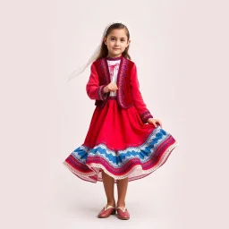 full body 7years old girl ,simple background, full body of very pretty little girl in azeri dance wearing A underdress or shirt, often made of silk,A fitted, often velvet or brocade, jacket worn over the shirt.Wide, bell-shaped skirts are worn, often long and layered to create beautiful movements while dancing, with a long lace scarf at back of her head ,with pretty shoes,in T pose looking at camera.