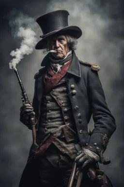 70 years old victorian bloodborne soldier with a musket and smoking a cigarette