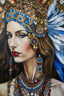 Painted portrait of woman in turban, long hair and wings and loads of jewellery painted by brush in style of Gaudis mosaic