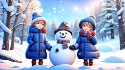 cute detalied 3d illustration from one boy and one girl dressed warmly in coats and hats, enjoying a day out in the snow and make a snowman together, They are both smiling and embracing the cold weather, winter scene, detalied, 3d anime, aesthetic design, snowy landscape, beautiful shot, stunning, cinematic