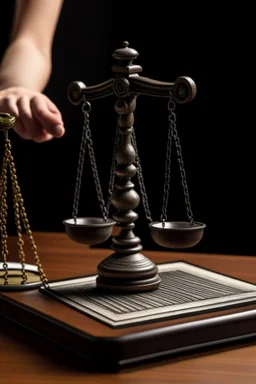 The scales of justice are placed on a desk and a person