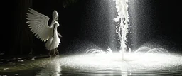 a fountain of feathers, radiant white feather light mirror bounce ancient angelic wooden treant by dark fountain,sonoluminessence