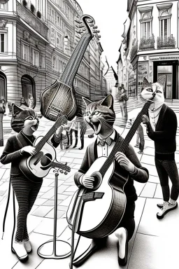 Group mature cats musicians, guitar drum, singing, street, Vienna, smiling, sunny day, model style, hyper realistic, extremely accurate, delicate, extremely detailed, Graphic novel style, wide-angle, open aperture, superfine pencil