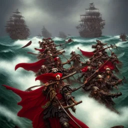 11 pirate warriors in dark red armor, charging off their ship onto the beach, a highly detailed illustration, background of giant crashing ocean waves, realistic render, 8 k, micro detail, intricate, elegant, centered, digital painting, Artstation, smooth, sharp focus, illustration, artgerm, tomasz alen kopera, peter mohrbacher, donato giancola, joseph christian leyendecker, wlop, boris vallejo