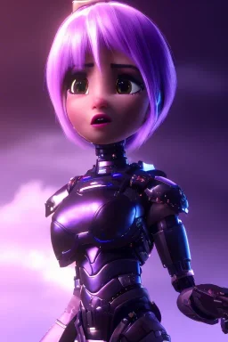 a beautiful full frame portrait digital painting of futuristic animepunk robot, wide angle view, close-up, macro lens, centered camera, titanium accents, intricate details, small minutiae, tiny features, purple hair, teal eyes. particulars, colorful, 8k, least ambient occlusion, volumetric lighting, volumetric clouds