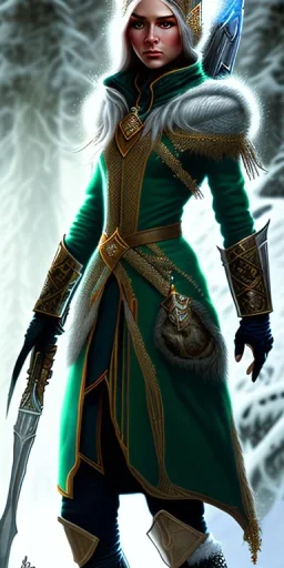 Cute female elven adventurer with ultradetailed SMALL elven ears with adorable symmetric face dressed in a warm overcoat with survival gear and boots, in style of Cedric Peyravernay Art, microdetails --ar 2:3 --beta --upbeta --upbeta