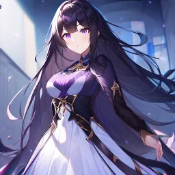 Clear focus,High resolution, Black long hair, Purple eyes, Wearing a Medivalin Popstar outfit