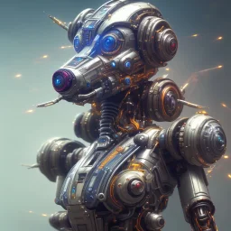 a beautiful full frame portrait digital painting of futuristic dogpunk robot, wide angle view, close-up, macro lens, centered camera, titanium accents, intricate details, small minutiae, tiny features, particulars, colorful, 8k, least ambient occlusion, volumetric lighting, volumetric clouds