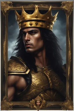 Gothic Gold framed painted portrait of a very handsome and muscular warrior King wearing a small gold crown. His hair is long and dark and he has dark eyes, dak fantasy