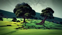 Beautiful landscape with trees, earth opens up and breaks down in black polygons.