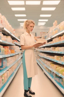 In the music video, a 23-year-old woman with blonde hair and bright blue eyes. Standing in the freezer section of a supermarket. Reading a book. you can see it is cold. she has a messy bun. Wes anderson style.